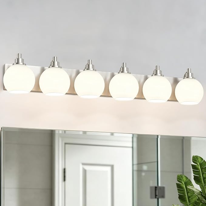 IZORRO Bathroom Light Fixtures, 6-Light Brushed Nickel Vanity Light, Modern Wall Sconces with Globe Milk White Glass Shade, Vanity Lighting Fixtures Over Mirror,E26 Bulb Socket