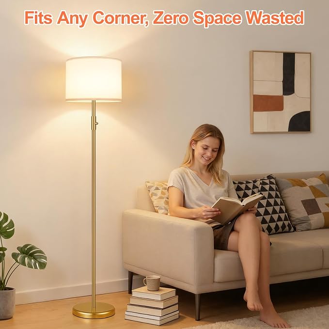 【Upgraded】 Dimmable Gold Floor Lamps for Living Room, 9W LED Bulb Included, Modern Standing Lamp with White Lamp Shade, Tall Pole Light for Bedroom Reading Office Corner Nursery-Gold