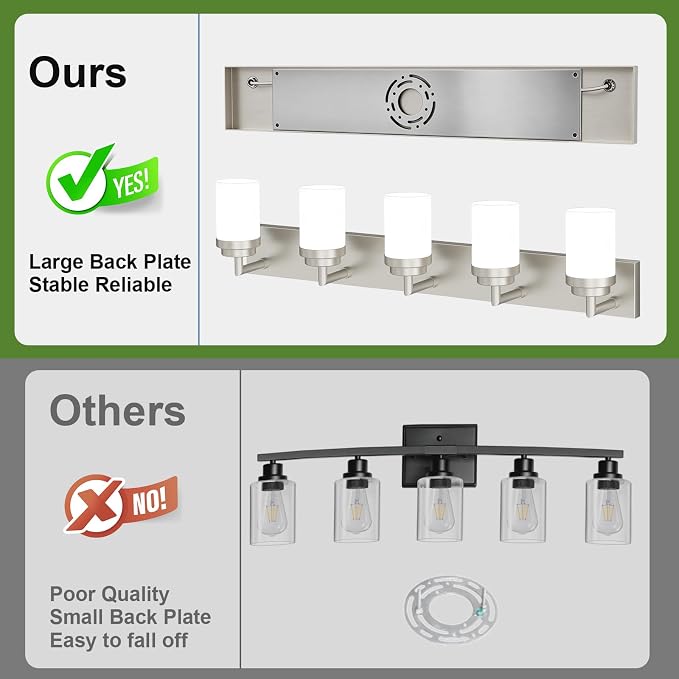 Bathroom Light Fixtures, Brushed Nickel Bathroom Lighting Fixtures Over Mirror, Modern Vanity Light with White Glass Shade, Restroom Lighting Fixtures, 5-Light 36-inch