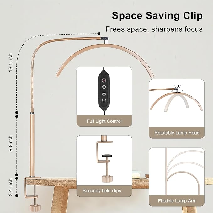 Professional Half Moon LED Desk Light for Nail Techs & Artists – Flexible Gooseneck Lamp with Clamp, 3 Color Modes & 5 Brightness Levels for Manicure, Tattoo, Beauty Work