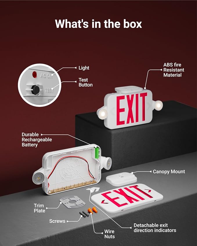 Sunco 12 Pack Red Exit Signs with LED Emergency Lights & Backup Battery | 120-277V Wall/Ceiling Mount, Two Adjustable LED Lights, Commercial Safety Lighting, 90 Minute Battery, 94V-0 Fire Resistant