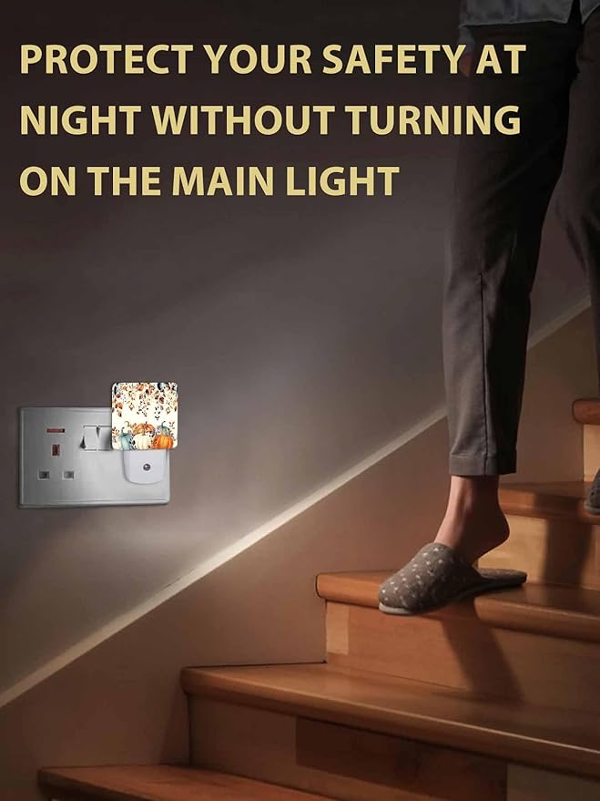 Fall Night Lights Plug into Wall LED Night Light Thanksgiving Watercolor Pumpkin Leaf Vintage Automatic Dimmable Dusk-to-Dawn Square Shaped Smart Nightlight for Bathroom/Bedroom