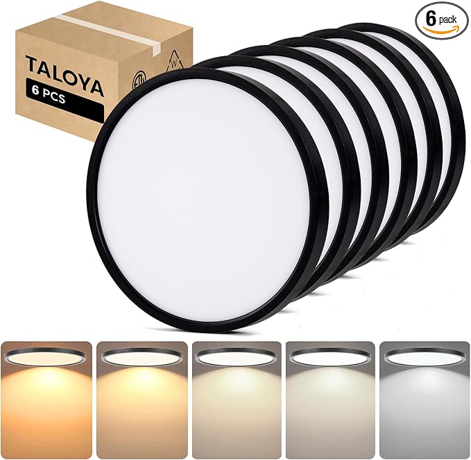 TALOYA 6-Pack 15.8" LED Flush Mount Ceiling Light Fixture,24W 5CCT,Black | 100–240 VAC Input,Edge-Lit LED Modern Ceiling Lamp for Living Room,Bedroom,Hallway,Kitchens