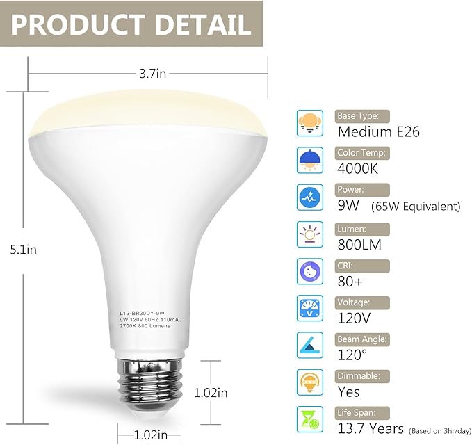 DAYBETTER 24Pack BR30 LED Bulb Indoor Flood Light Bulbs, 65W Equivalent Dimmable LED Bulbs, 4000K Neutral White, 850 Lumens E26 Base, Recessed Can Bulb for Living Room Bedroom Dining Room Bathroom