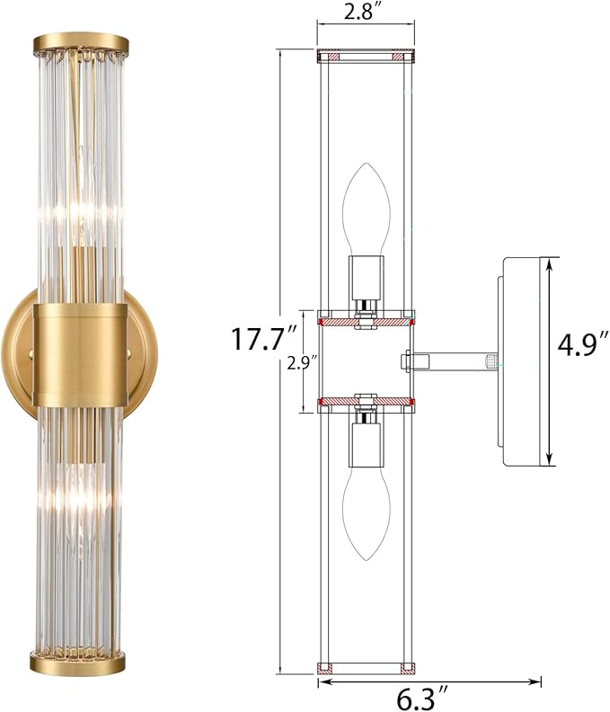 Mid-Century Wall Sconces Brass Glass Rod Wall Light 2-Light Vanity Wall Lights Fixtures for Bedroom Hallway Living Room…