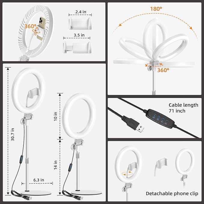 Ring Light with Stand for Streaming - Evershop 10'' Led Desk Lighting with Phone Holder for Laptop,Webcam,Computer Monitor,Circle Lights for Video Recording, Zoom Calls, Online Meetings,Selfie, Makeup