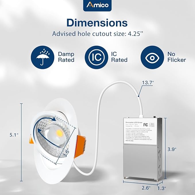 Amico 12 Pack 4 Inch 5CCT Gimbal LED Recessed Lighting, 360°&90°Adjustable Eyeball Directional Downlight, Dimmable, 2700K/3000K/3500K/4000K/5000K Selectable, 9W 700LM CRI90+, White, ETL&FCC