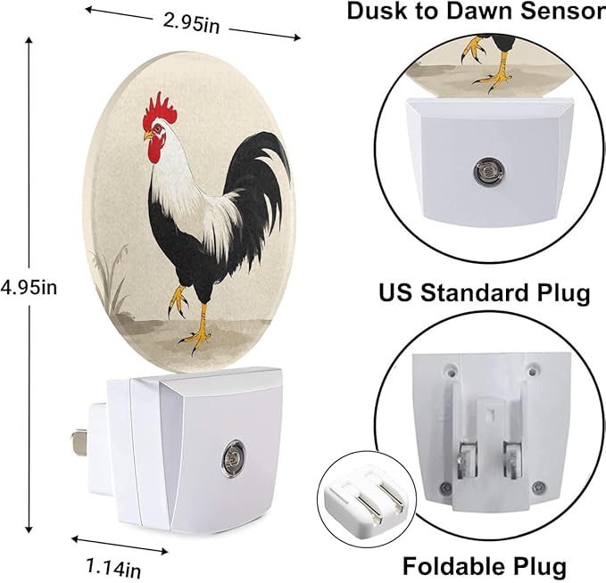 Plug-in Vintage Rooster Night Light Classic Poultry Art Night Lights Plug into Wall with Auto on/Off Sensor, 0.5W LED Nightlight for Bedroom Bathroom Kitchen Hallway
