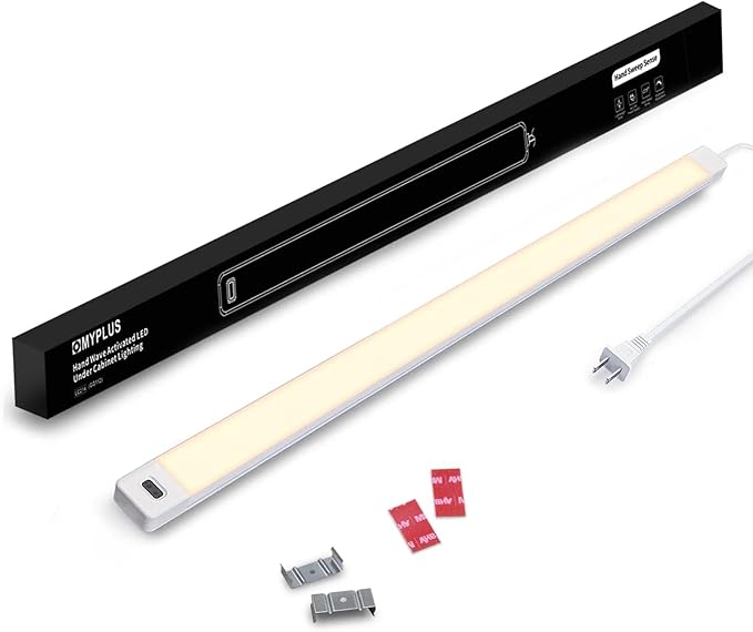 MYPLUS 24 Inch Under Cabinet Lights with Hand Wave, Under Counter Lighting 3000K Warm White,Dimmable,Plug and Play,LED Lights for Kitchen Cabinet, Cupboard, Closet, Desk