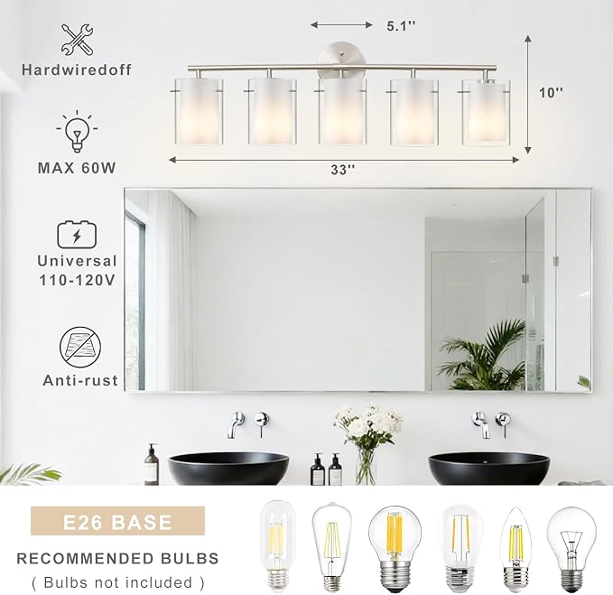 Brushed Nickel Bathroom Light Fixtures Over Mirror, 5-Light 33-Inch Vanity Lights with Dual Glass Shades, Eye-Friendly Modern Vanity Lights for Bathroom Bedroom Living Room Hallway