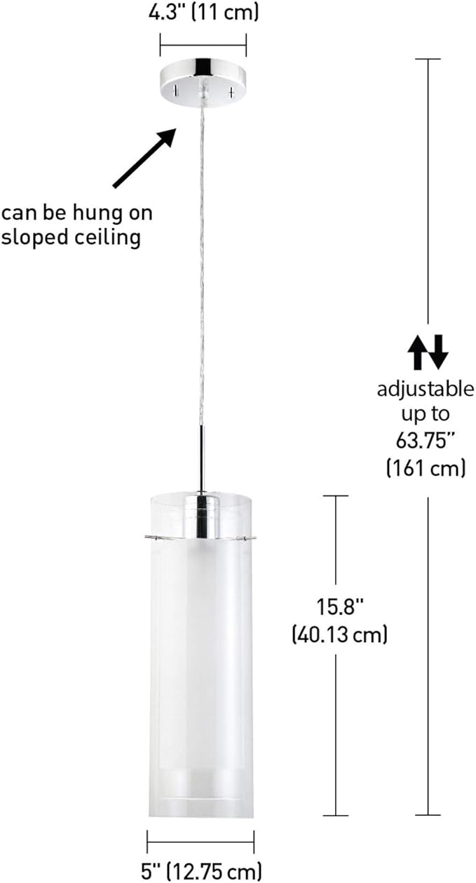Globe Electric 64023 1-Light Pendant, Polished Chrome Finish, Clear Glass Shade with Frosted Glass Insert, Pendant Light Fixture, Adjustable Height, Light Fixture Ceiling Hanging, Bulb Not Included