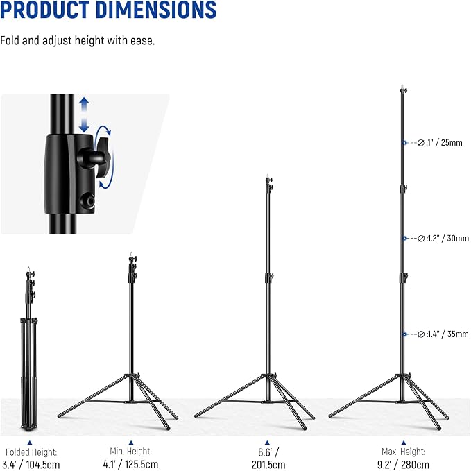 NEEWER 9.2ft/2.8m Air Cushioned Light Stand, Heavy Duty Metal Photography Tripod Stand with 1/4" to 3/8" Reversible Spigot, 3 Way Mounting Interface & Metal Locking Knobs, Max Load 5.5lb/2.5kg