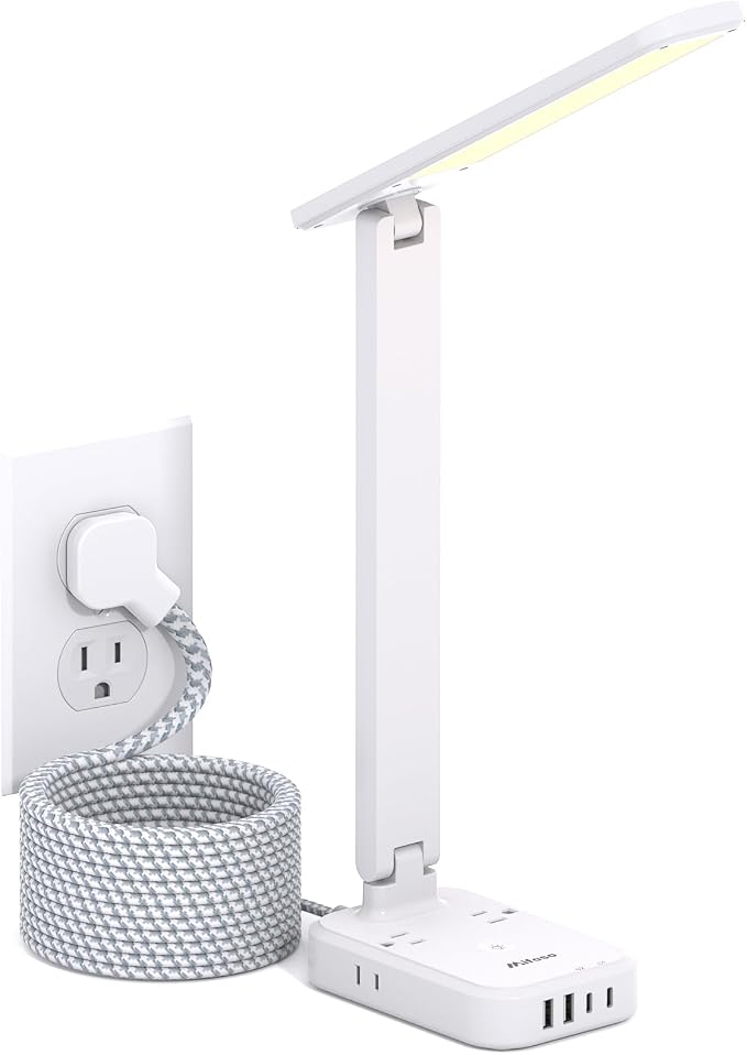 Mifaso 8-in-1 LED Desk Lamp with Power Strip, PD 30W Touch Desk Lamp, 4 Outlets & 4 USB Ports, Eye-Caring Dimmable Table Lamp with 5FT Extension Cord for Home Office College Dorm Room Essentials