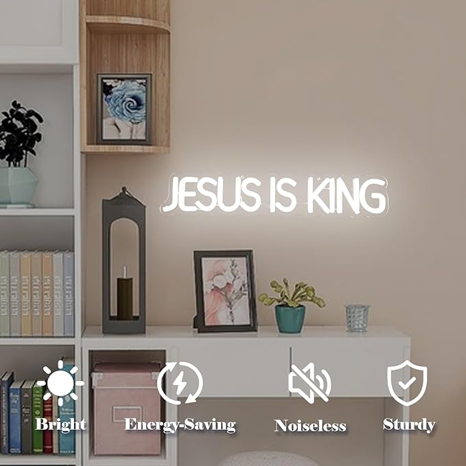 Jesus Is King Neon Sign Jesus Led Sign Dimmable Christ Is King Neon Light Sign Easter Lights God Light Up Sign for Christian Wall Decor Easter Christmas Gifts
