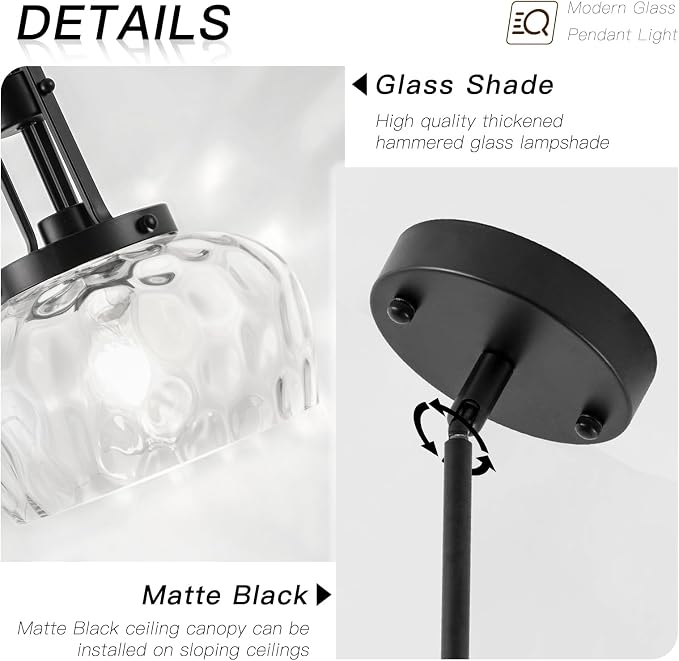 10 Inch Pendant Lights Kitchen Island, Black Pendant Light Fixtures with Hammered Glass Shade, Modern Farmhouse Island Hanging Light for Kitchen Dining Room Bedroom(Black)