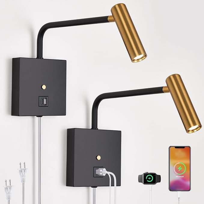 ZEROUNO LED Wall Lamp Wall Mounted Reading Lights, Dimmable Adjustable Headboard Plug in Wall Sconce with USB C+A Ports, Indoor LED Wall Lighting for Bedroom Bedside 3000K 2 Pack