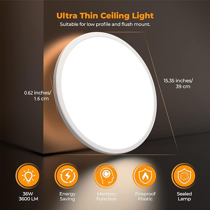 BLNAN LED Flush Mount Ceiling Light with Remote Control, 15.4 Inch 36W 3000K-6500K Dimmable Ultra Thin Low Profile Wired Ceiling Lamp with Night Light for Living Room Bedroom Kitchen