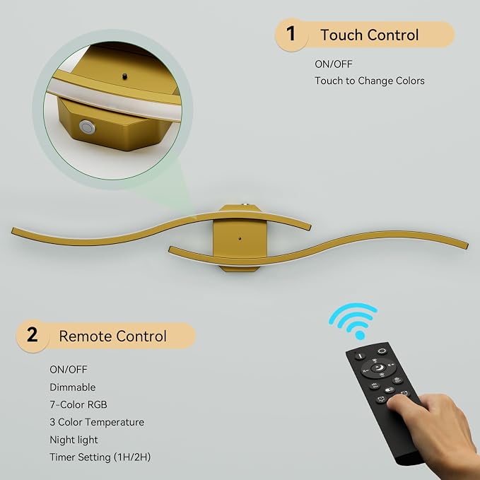hunhun Battery Operated Wall Sconces Set of Two, Wireless Wall Sconce with Remote Control, Gold Rechargeable Sconces 3000K-6500K, RGB Dimmable Wall Lights for Living Room, Hallway, Bedroom
