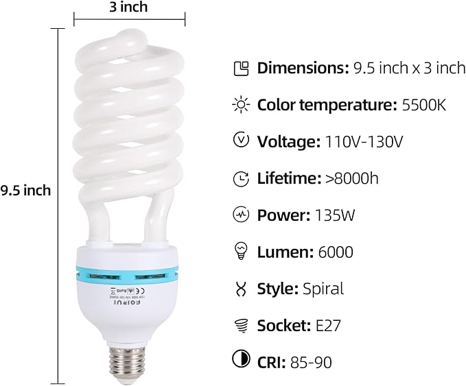 135W Light Bulb 5500K CFL Daylight Spiral Softbox Bulb in E27 Socket for Photography Photo Video Studio Lighting White 1 Pack