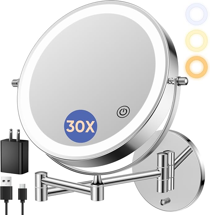 FUNTOUCH 9" Rechargeable Wall Mounted Makeup Mirror with Lights 1X/30X | 5000mAh Double Sided Magnifying Mirror with Dimmable 3 Color Light, Extended Arm 360° Wall Mount Bathroom Mirror-Chrome
