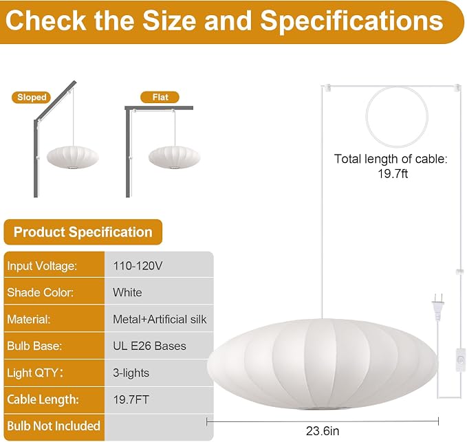 23.6in Plug in Pendant Light Lantern, Large White Silk 3-Light | Plug in Hanging Lamp Wabi Sabi Japanese Bubble Saucer Pendant Chandelier for Living Dinning Room Kitchen Island Bedroom 1PK