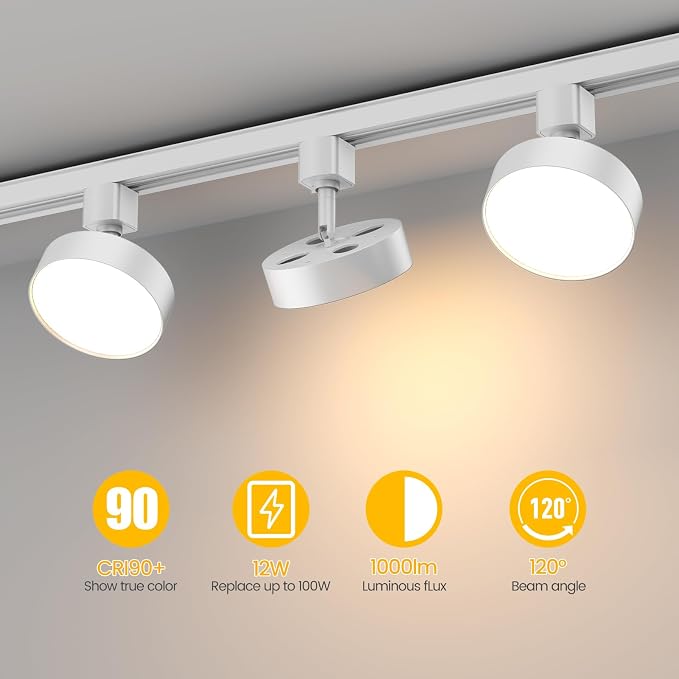 Diffuse LED Track Lighting Heads H Type, 12 Pack White | Dimmable Track Light Heads, Kitchen Ceiling Fixtures Compatible with H Track Rails, Flicker Free CRI90+ 3000K 12W 1000lm