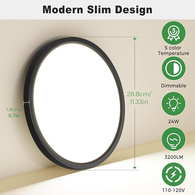 zemty 4Pack LED Flush Mount Ceiling Light, 12Inch 24W Dimmable Ceiling Lights Fixture, 5 Color Temperatures (3000K-6500K) Black Round Ceiling Lamp for Bedroom, Kitchen, Hallway,Bathroom