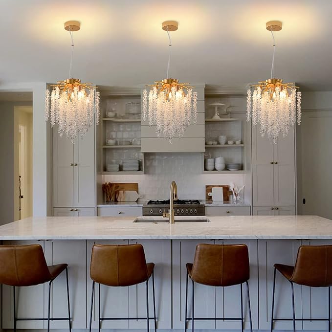 Crystal Tree Branch Chandelier Gold Roud Raindrop Pendant Light Tassel Ceiling Hanging Light Fixtures for Bedroom Living Room Dining Room Entryway Dia 12"