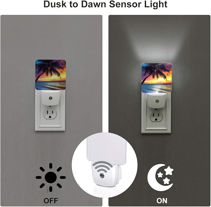 Sunset Beach Night Light Set of 2, Coconut Tree Auto Sensor LED Dusk-to-Dawn Nightlights, Plug-in Sensor Lamp for Bedroom Bathroom Kitchen Hallway Stairs Decorative