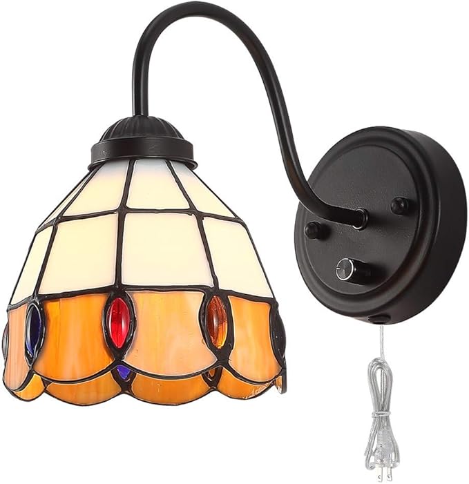 Tiffany Dimmable Wall Mount Lamp, Industrial Vintage Gooseneck Wall Sconce Lighting with Plug in Cord and Switch for Bedroom Nightstand, Living Room