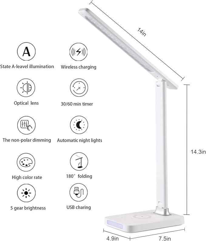 VAVOFO LED Desk Lamp with USB Charger, USB Charging Port, Table Lamp with 5 Brightness Levels Touch Control, 30/60 min Auto Timer, Dimmable Eye-Caring Desk Light for Home Office