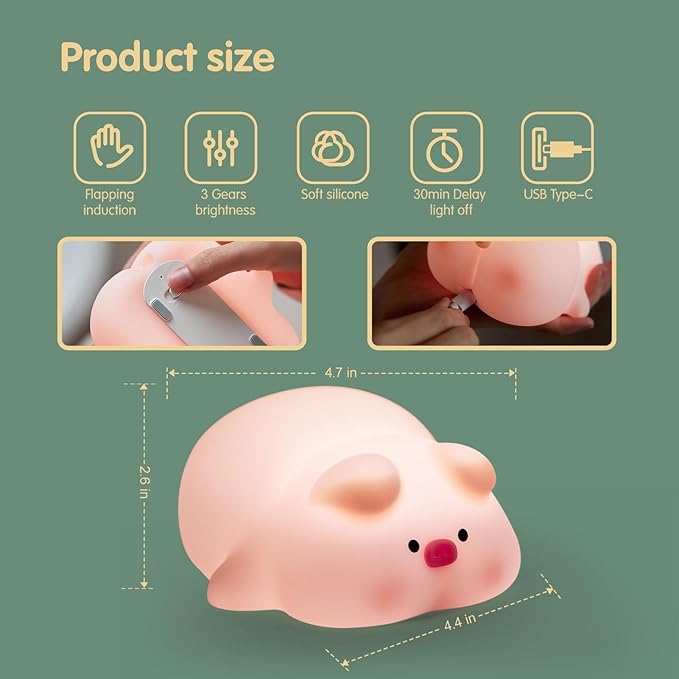 VTIGER Pink Pig Night Light, LED Squishy Cute Lamp,Night Light for Kids,Silicone Pig Light, Dimmable Girls Baby Bedroom Nightlight, Rechargeable Piggy Touch Lamp for Breastfeeding Nursery Decor