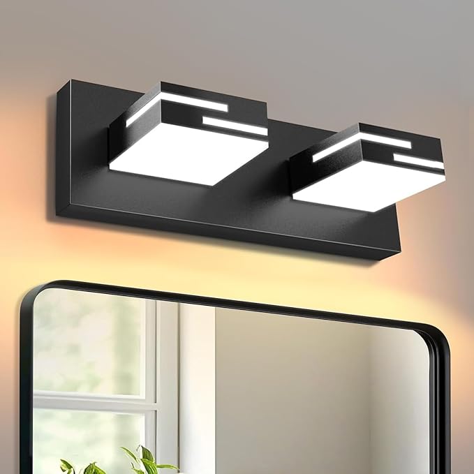 LED Modern Bathroom Vanity Light Fixtures, Dimmable Matte Black Vanity Lights for Bathroom Lighting Fixtures Over Mirror, with 360° Rotatable Acrylic Heads 2-Light 16-inch 5CCT
