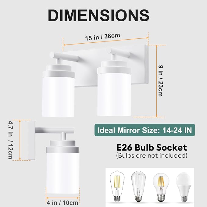 IZORRO Bathroom Vanity Light Fixture, 2-Light 15 Inch White Bathroom Light Fixtures Over Mirror, with White Glass Shade, Modern Farmhouse Vanity Lights, Rustic Restroom Lighting Fixtures