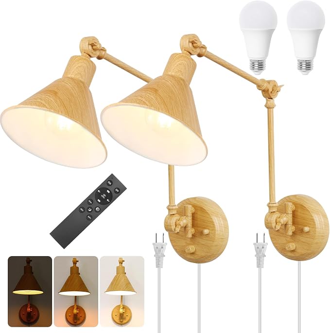 TRLIFE Dimmable Wall Sconce, Remote Control Plug in Wall Sconce Dimming 10%-100% and Adjustable Color Temperature 2700K-6000K, Swing Arm Wall Lights with Plug in Cord, UL Listed(2 Pack, Oak Color)