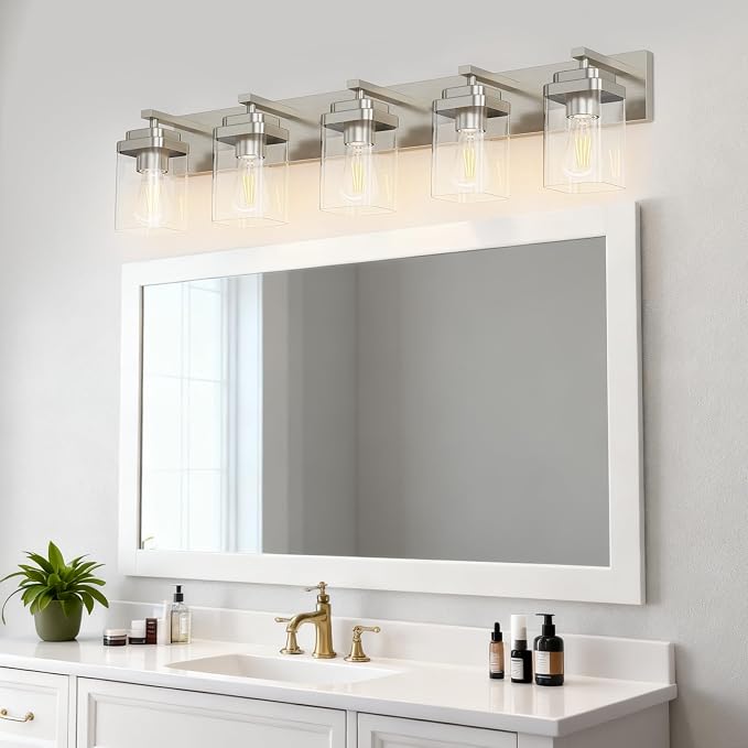Brushed Nickel Bathroom Light Fixtures, 5 Lights Bathroom Lighting Fixtures Over Mirror, Square Design & Rectangle Large Backplate, Modern Vanity Lighting Fixtures, for Living Room/Bedroom