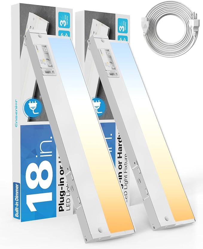 Ensenior Plug in or Hardwired Under Cabinet Lighting, 18 Inch 10W, 2 Pack | Heat-dissipating Aluminum, Built-in Switch & 4-Level Dimmer, 5 Colors, 2 Link Options, True-Color CRI90+, Moisture-Proof, FCC