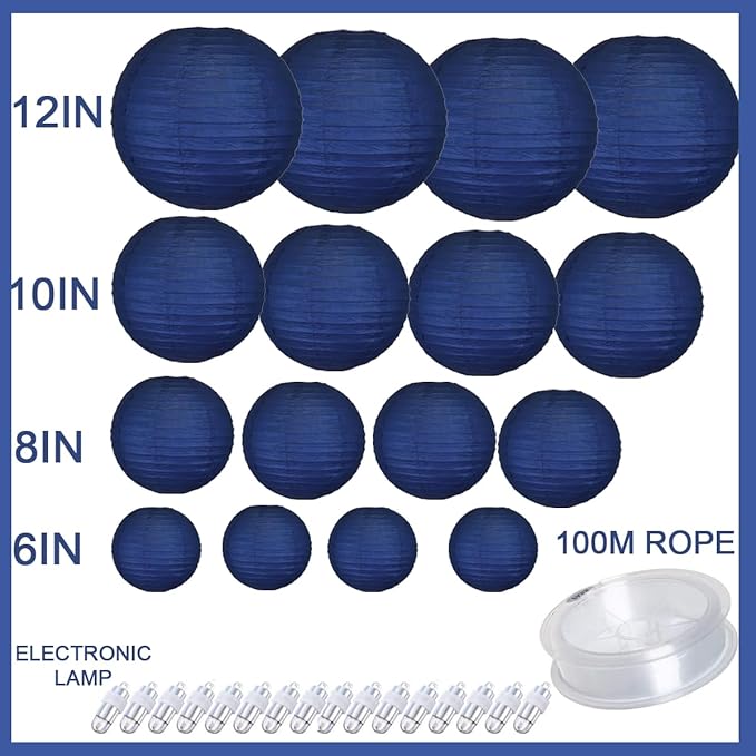 16 Pack Navy Blue Paper Lanterns with Lights Included 6" /8" /10" /12" Hanging Decorative Chinese Paper Lantern for Wedding DIY Graffiti Baby Shower Birthday Party Decorations