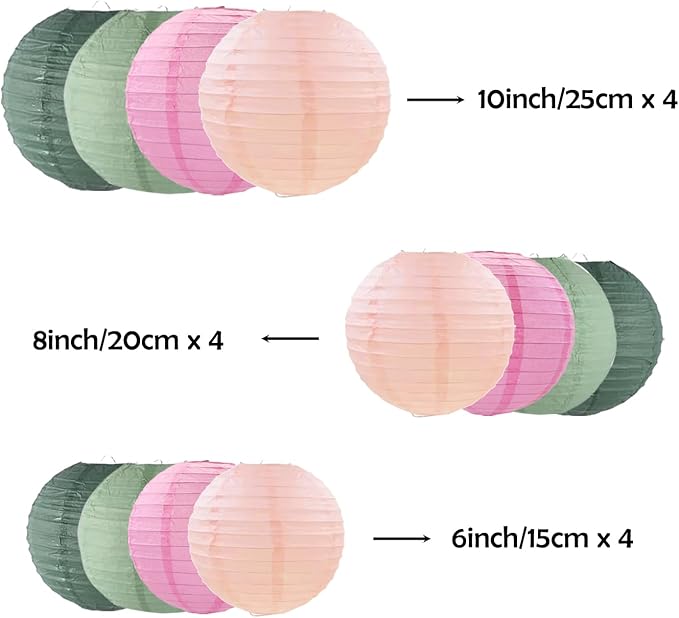 ZOOYOO Sage Green Pink Paper Lanterns,Boho Round Hanging Paper Lanterns Decoration for Birthday,Wedding,Baby Shower,Graduations,Summer Party,Home,Garden Decoration 12PCS