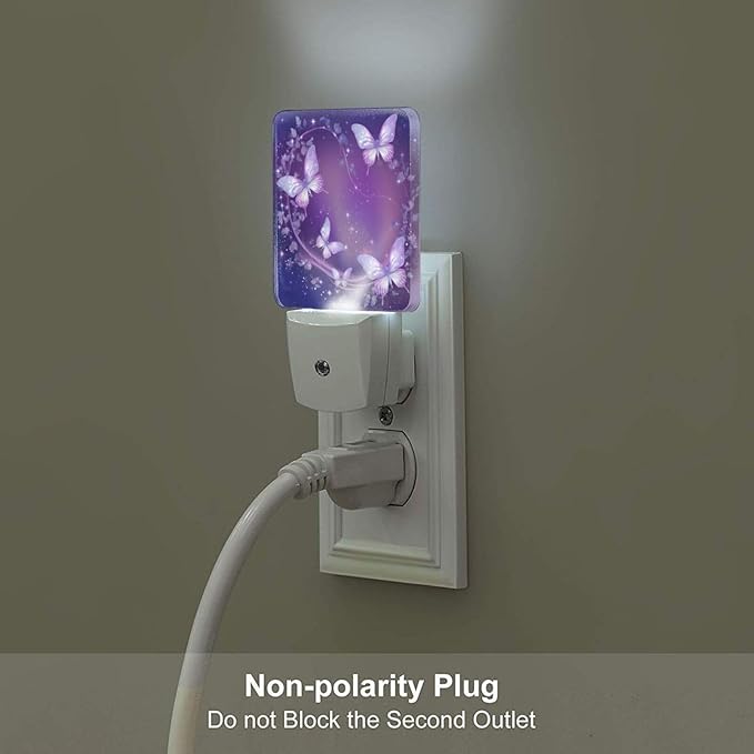 Purple Butterfly Night Light Set of 2, Sparkle Star Auto Sensor LED Dusk-to-Dawn Nightlights, Plug-in Sensor Lamp for Bedroom Bathroom Kitchen Hallway Stairs Decorative