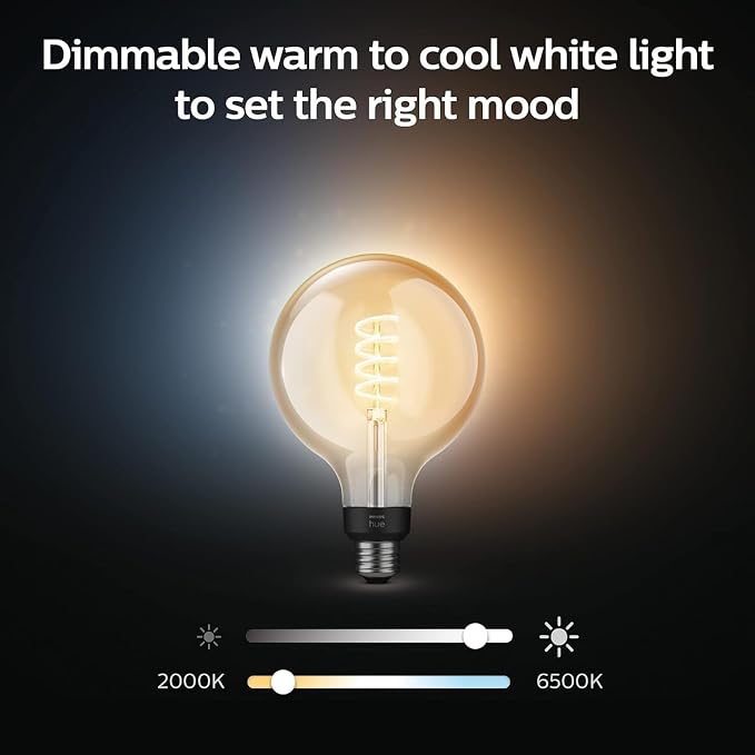 Philips Hue Smart 60W G40 Filament LED Bulb - White Ambiance Warm-to-Cool White Light - 1 Pack - 550LM - E26 - Indoor - Control with Hue App - Works with Alexa, Google Assistant and Apple Homekit
