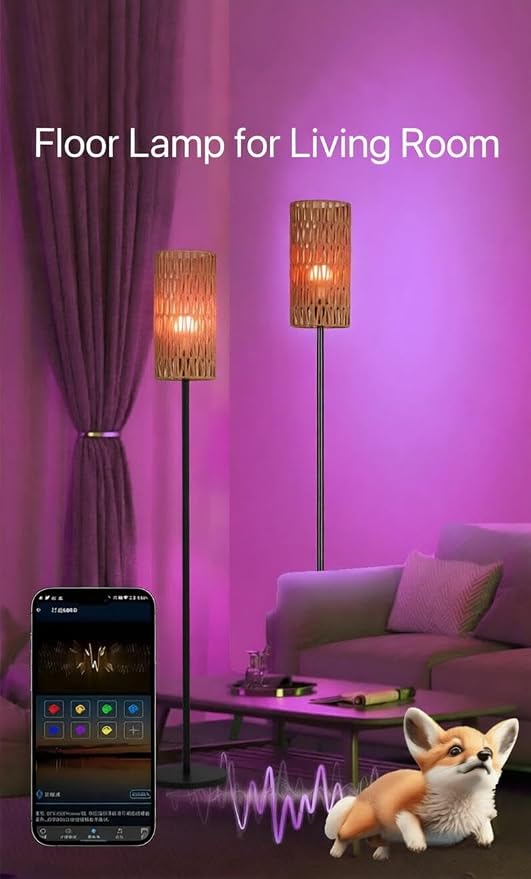 Ruiever 2 Pack Smart Floor Lamp for Living Room,Gaming - Remote, Timer Floor lamp with Remote, APP Control & RGB Standing lamp with Hand-Worked Rattan Shade Bluetooth Bulb Included