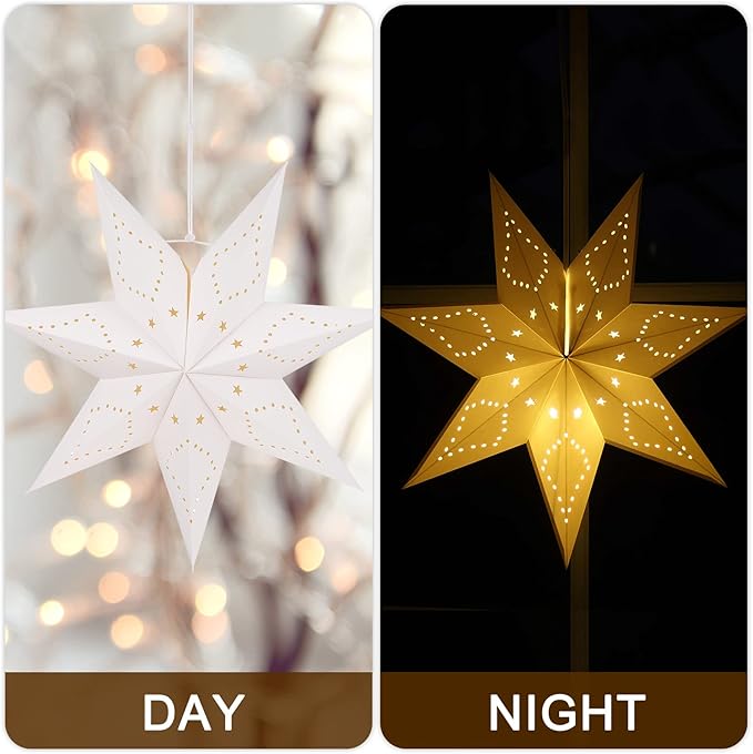 Paper Star Lantern Lamp Shade Christmas Hanging Stars Garland Hollow out Xmas Tree Topper Hanging Ornament for Wedding Birthday New Year Party Home Decor for Indoor and Outdoor 17.7 Inch