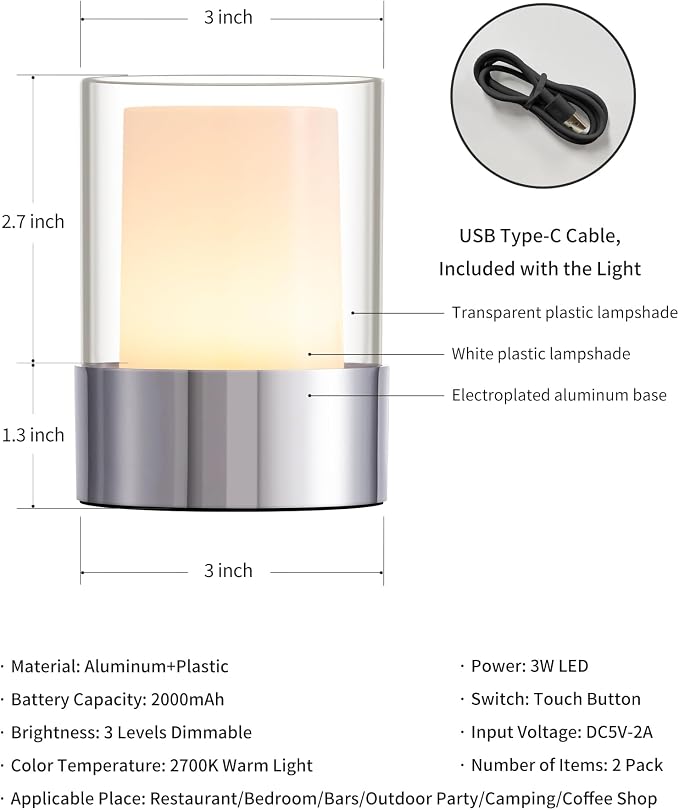 4" Chrome Cordless Table Lamp 2 Pack, Outdoor Rechargeable Lamp | LED, Battery Operated, Portable, Touch Night Light for Dining Room, Camping, Bar, Party, Bedside, Bedroom, Home Decor, Gift
