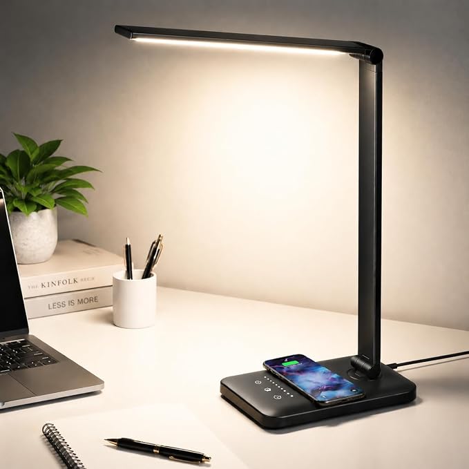 LED Desk Lamp with Wireless Charger,Touch Lamp for Home Office Dorm | Dimmable Eye-Caring Lamp,5 Color Modes & 5 Brightness,Metal Lamp Desktop Lamp for Study,Work,Reading,30/60 Minutes Timer