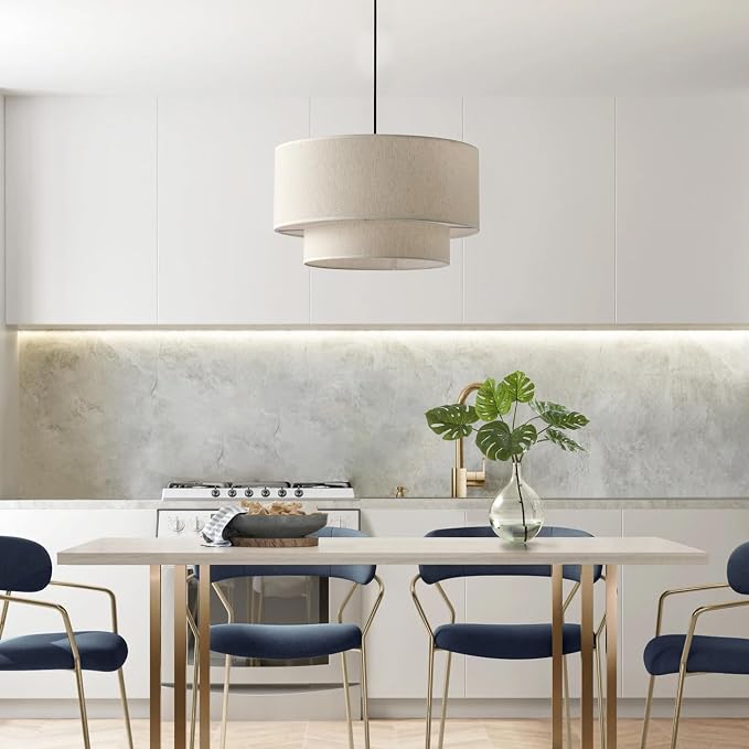Aiwen 20" Drum Pendant Light Fixtures, 2-Tier Farmhouse Pendant Lighting | Linen Lampshade, 3-Light Modern Hanging Chandeliers for Dining Room, Living Room, Bedroom, Kitchen
