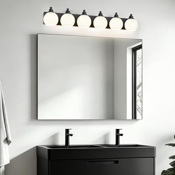 IZORRO Bathroom Light Fixtures, 6-Light Matte Black Vanity Light, Modern Wall Sconces with Globe Milk White Glass Shade, Vanity Lighting Fixtures Over Mirror,E26 Bulb Socket