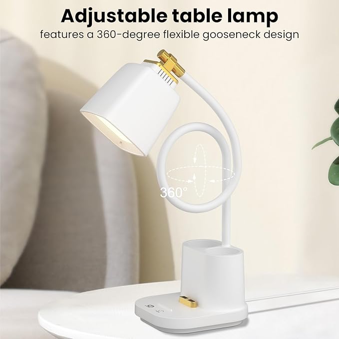 Desk Lamp with USB Charging Port & Pen Holder, LED Desk Light for Home Office, Touch Dimmable, Ideal for Study, Reading, and Work (White)
