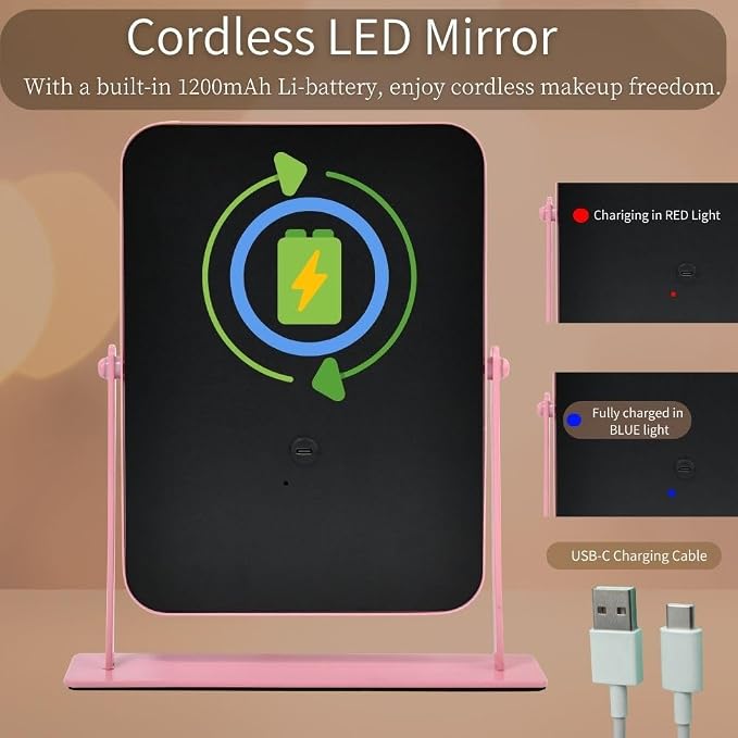 Pink LED Makeup Mirror with Lights – Rechargeable Wireless Vanity Mirror for Desk – Adjustable Brightness, 3 Color Lights Option – Ideal Gift for Women, Teens, Moms
