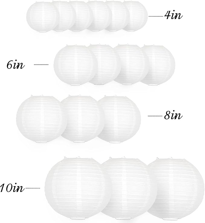 Hanging Paper Lanterns Decorative, White Chinese Paper Lanterns Ceiling Party Decorations with 16 LED Lights for Baby Shower Wedding Anniversarie Graduation Engagement Valentine's Day, Pack of 16